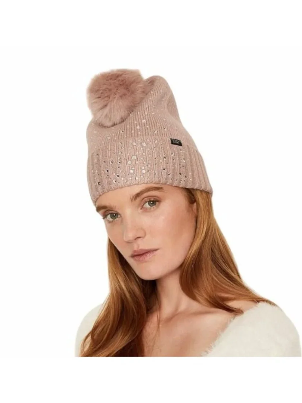 ❤️Women Victorias Secret studded beanie POM POM Hat BRAND Coral Ring Stones Glam